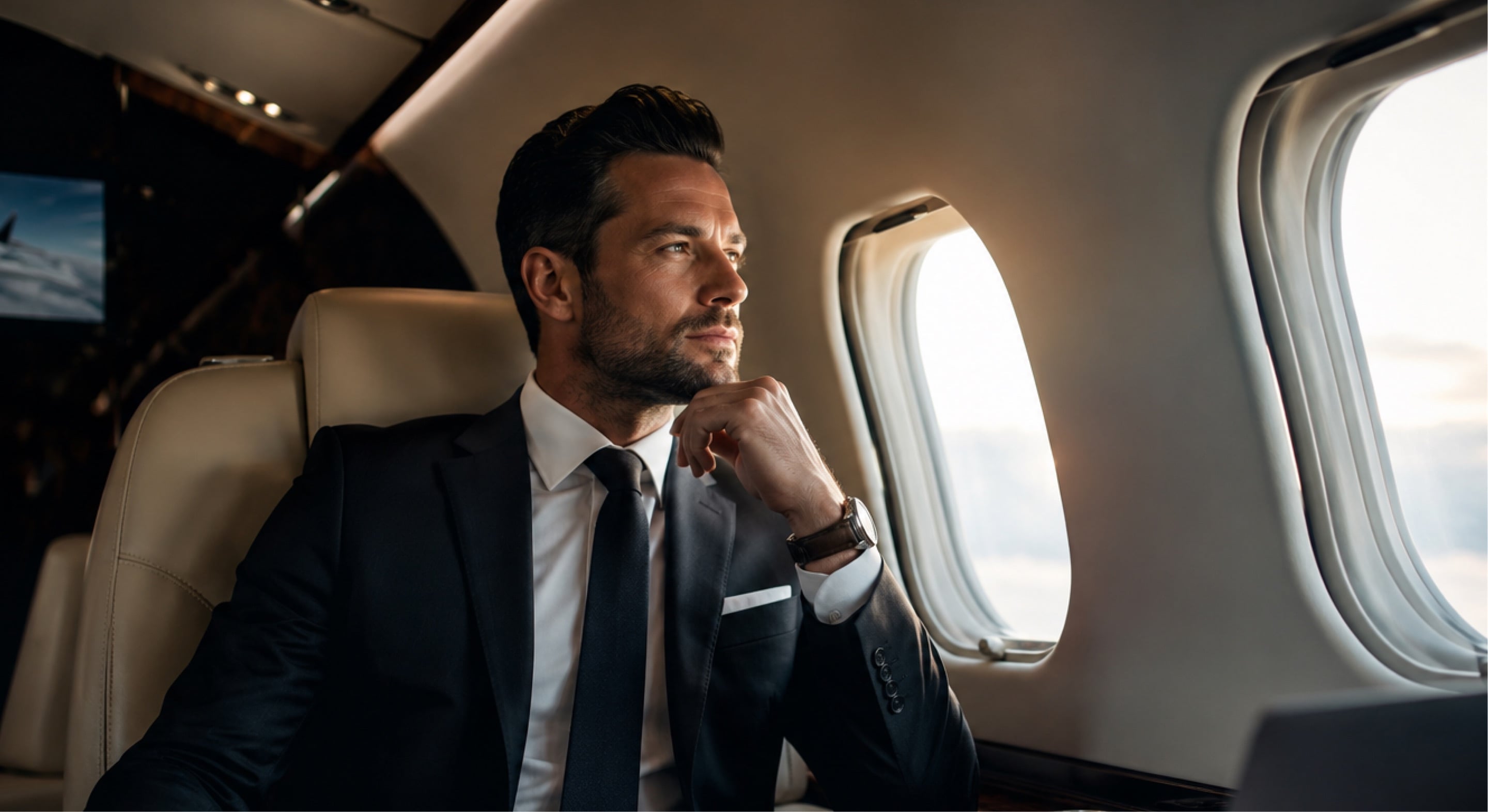 Passenger looking out the window of a private jet cabin